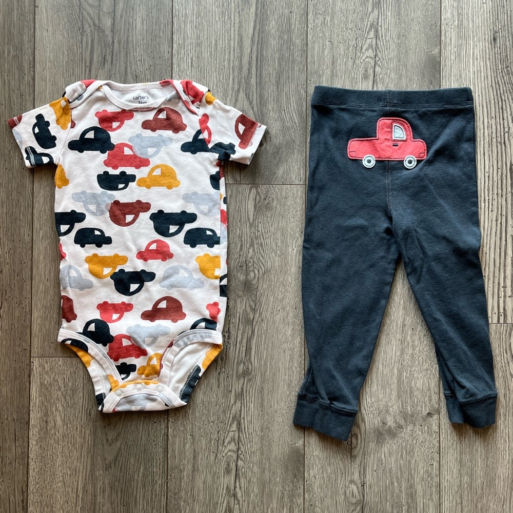 Carter’s Toddler Boy 2 Piece Short Sleeve Onesie & Navy Blue Pants Car Outfit